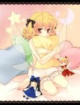  bad_id barefoot blonde_hair bloomers character_doll coco_(119267104) crescent drill_hair heart heart_pillow luna_child pillow pillow_hug red_eyes sitting solo star star_sapphire sunny_milk topless touhou underwear underwear_only wariza wings 