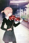  blonde_hair cherry_blossoms copyright_request green_eyes highres instrument pantyhose pullover shirt short_ponytail skirt solo takeuchi_takashi violin 