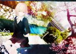  bridge cherry_blossoms copyright_request fence green_eyes river shirt sitting skirt solo takeuchi_takashi tree 