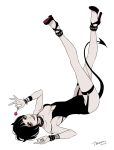  black_hair bracelet breasts candy collar demon_tail garter_straps high_heels horns jewelry legs legs_up lollipop lying original sharp_teeth shoes short_hair smile solo spiked_anklet spiked_bracelet spiked_collar spikes tail temari114 wristband 