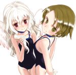  brown_eyes brown_hair koishikawa_kohane loli multiple_girls one-piece_swimsuit period red_eyes sawatari_aoi swimsuit teen white_hair wings 