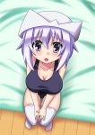 bed blush breasts chikichikibatta from_above hat lavender_hair letty_whiterock one-piece_swimsuit purple_eyes school_swimsuit sitting skindentation solo swimsuit thighhighs touhou white_legwear 