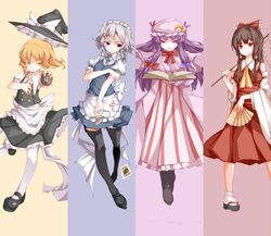  ascot black_hair black_legwear black_thighhighs blonde_hair blush book boots bow braid brown_eyes brown_hair card card_(medium) cards clog_sandals colored_eyelashes eyelashes falling_card foreshortening garter_straps gohei hair_bow hakurei_reimu hat hat_removed headwear_removed izayoi_sakuya kirisame_marisa long_hair maid maid_headdress mary_janes mini-hakkero multiple_girls noirly ofuda open_book pantyhose patchouli_knowledge playing_card pocket_watch purple_eyes purple_hair red_eyes shoes tabi thigh-highs thighhighs touhou twin_braids violet_eyes watch white_legwear white_pantyhose witch witch_hat yellow_eyes 