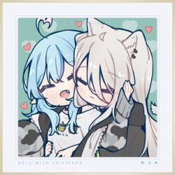  2girls =_= ^_^ ahoge animal_ear_piercing animal_ears artist_name black_choker blue_hair blush border camouflage chibi chibi_only choker closed_eyes colored_tips commentary cosplay double-parted_bangs english_commentary fang forever9nine grey_hair grey_jacket hair_between_eyes hand_on_another's_cheek hand_on_another's_face heart heart_ahoge highres hololive hug hug_from_behind jacket lion_ears long_hair multicolored_hair multiple_girls official_alternate_costume pointy_ears print_shirt shirt shishiro_botan shishiro_botan_(casual) sidelocks sol_badguy sol_badguy_(cosplay) streaked_hair t-shirt upper_body very_long_hair virtual_youtuber white_shirt yellow_eyes yukihana_lamy yuri 