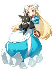  1girl absurdres apron blue_dress closed_mouth commentary_request cross cross_facial_mark dress facial_mark highres juliet_sleeves keibi_inu large_ribbon long_dress long_hair long_sleeves mahou_shoujo_ni_akogarete morino_korisu nero_alice puffy_sleeves red_eyes ribbon simple_background venalita white_apron white_background white_ribbon 