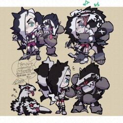  1boy ;) bike_shorts black_hair boots chibi closed_mouth commentary_request evolutionary_line eyeshadow galarian_linoone galarian_zigzagoon green_eyes grey_eyeshadow hair_over_one_eye jacket knees long_hair makeup male_focus microphone_stand multicolored_hair multiple_views musical_note notice_lines obstagoon one_eye_closed open_clothes open_jacket open_mouth piers_(pokemon) pointing pokemon pokemon_(creature) pokemon_swsh sagemaru-br shirt signature smile standing two-tone_hair white_hair white_jacket 