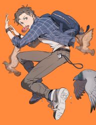  1boy animal armband backpack bag belt bird black_armband black_belt blue_shirt brown_eyes brown_hair chinese_commentary commentary_request doughnut flying food food_in_mouth full_body grey_pants jumping lanyard layered_clothes long_sleeves looking_to_the_side male_focus marvel marvel_cinematic_universe ming_(5unri5e666) nike_(company) orange_background pants peter_parker pigeon plaid_clothes shirt shoelaces shoes sideways_glance simple_background sneakers solo spider-man:_no_way_home spider-man_(series) white_shirt 