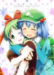  backpack bad_id bag blue_hair bow front_ponytail green_eyes green_hair hair_bobbles hair_bow hair_ornament hat hug kagiyama_hina kawashiro_nitori multiple_girls randoseru short_hair touhou twintails umekichi 