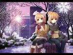  1boy 1girl 2girls bad_id bag blonde_hair blush boots brother_and_sister cat drink earmuffs gloves green_eyes hair_ornament hairclip hoodie jacket kagamine_len kagamine_rin pantyhose paper_bag ponytail scarf shiramori_yuse short_hair siblings sitting smile snow snowflakes twins vocaloid winter yuse 