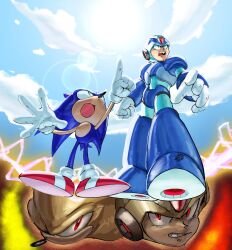  2boys android animal_ears animal_nose armor blue_armor blue_bodysuit blue_boots blue_fur blue_helmet blue_sky bodysuit boots breastplate clenched_teeth close-up clouds cloudy_sky forehead_jewel from_below frown full_body furry furry_male gem gloves gold_armor gold_helmet green_eyes hands_up head_only hedgehog_boy helmet highres index_finger_raised knee_boots large_hands looking_at_viewer looking_up male_focus mega_man_(series) mega_man_x_(series) multiple_boys multiple_views open_mouth outdoors pointing pointing_up red_eyes red_gemstone red_shoes robot shoes short_tail sky sonic_(series) sonic_the_hedgehog split_screen standing sun_glare super_sonic tail teeth terusada1 v-shaped_eyes white_gloves x_(mega_man) yellow_armor yellow_fur 