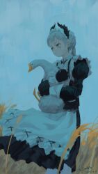  1girl absurdres animal apron arknights bird black_dress black_gloves blue_sky dated day dress earrings feet_out_of_frame gloves goose grey_eyes grey_hair head_wings highres holding holding_animal irene_(arknights) irene_(voyage_of_feathers)_(arknights) jewelry juliet_sleeves long_hair long_sleeves official_alternate_costume outdoors ponytail puffy_sleeves scar scar_across_eye signature sky solo standing ujin_holo wheat white_apron wings 