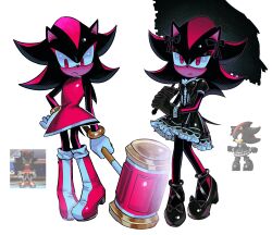  1boy absurdres amy_rose amy_rose_(cosplay) animal_ears animal_nose black_bow black_dress black_fur black_gloves black_shoes body_fur boots bow bracelet closed_mouth cosplay dress frown full_body furry furry_male gloves gold_bracelet gothic_lolita hammer hand_on_own_hip hedgehog_boy highres holding holding_hammer holding_umbrella jewelry lolita_fashion long_hair looking_at_viewer male_focus multiple_views red_dress red_eyes red_fur red_shoes sa1k_a shadow_the_hedgehog shoes short_tail simple_background solo sonic_(series) standing tail toy_hammer two-tone_fur umbrella white_background white_gloves 