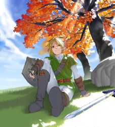  1boy autumn_leaves belt black_boots blonde_hair blue_sky boots brown_gloves closed_mouth clouds commentary_request fingerless_gloves gloves green_tunic highres holding holding_shield leaf link male_focus master_sword mi8pq on_grass outdoors pants shield sitting sky smile solo sunlight the_legend_of_zelda the_legend_of_zelda:_ocarina_of_time tree tunic white_pants 