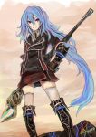  blue_hair boots character_request gauntlets hand_on_hip hips ishinomaki knee_boots long_hair military military_uniform original recel_tinker red_eyes rod skirt smile thigh-highs thighhighs uniform very_long_hair zettai_ryouiki 