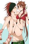  1boy 1girl bikini blush bow bracelet brown_eyes brown_hair carrying contemporary cross-laced_footwear dango eating face_paint facepaint food genderswap hair_ornament hair_ribbon hairclip jewelry lace-up_heels legs long_hair nail_polish navel ponytail princess_carry ribbon sanada_yukimura sanada_yukimura_(sengoku_basara) sarutobi_sasuke sengoku_basara swimsuit temari114 wagashi 