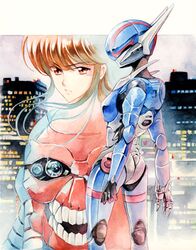  agahari brown_hair bubblegum_crisis city cyberpunk hardsuit long_hair mecha oldschool paint_(medium) power_armor priscilla_asagiri priss_asagiri red_eyes robot science_fiction traditional_media 