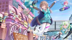  6+girls 96mako absurdres ahoge aikawa_megumi asakura_karen_(heaven_burns_red) bangs_pinned_back beret blonde_hair breasts brown_hair chibi crescent crescent_earrings earrings green_hair hair_between_eyes hair_bun hair_ornament hairband half_up_braid hat heaven_burns_red highres jewelry kunimi_tama large_breasts long_hair multicolored_hair multiple_girls ooshima_ichiko ooshima_isuzu ooshima_minori ooshima_muua ooshima_niina ooshima_yotsuha outdoors red_eyes red_hair scythe sextuplets short_hair siblings sisters skates skirt team_31e_(heaven_burns_red) toujou_tsukasa two_side_up yellow_eyes 