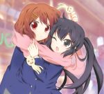  black_eyes black_hair brown_eyes brown_hair hirasawa_yui k-on! long_hair masuyama_kei nakano_azusa scarf school_uniform shared_scarf short_hair twintails wink 