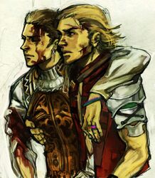   2boys arm_around_neck balflear basch_fon_ronsenburg belt blonde_hair blood blood_on_face bracelets brown_hair closed_eyes earrings final_fantasy final_fantasy_xii injured jewelry rings scar vest  