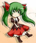  alternate_hairstyle bad_id boots chibi dress green_eyes green_hair highres kagiyama_hina nosada solo touhou twintails 