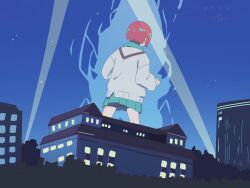  1girl amate_yuzuriha aqua_shirt aqua_skirt aura bluearcadegames city city_lights giant giantess gundam gundam_gquuuuuux long_sleeves night night_sky red_hair school_uniform shirt short_hair skirt sky sweater 