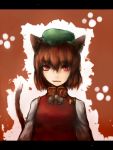  animal_ears brown_hair cat_ears cat_tail chen earrings fang hat hata jewelry red_eyes short_hair solo tail touhou 