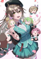  1girl absurdres beret breasts brown_hair character_doll crescent crescent_earrings earrings half_up_braid hat heaven_burns_red highres jewelry large_breasts long_hair nil_(pixiv_53614557) ooshima_ichiko ooshima_isuzu ooshima_minori ooshima_muua ooshima_niina ooshima_yotsuha shirt skirt solo team_31e_(heaven_burns_red) vest white_shirt yellow_eyes 