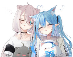  1girl 2girls absurdres ahoge animal_ear_fluff animal_ears black_choker blue_hair blush cable_knit cardigan cat_ears choker closed_eyes colored_tips cross-laced_clothes cross-laced_sleeves double-parted_bangs extra_ears fang grey_eyes grey_hair hair_between_eyes hair_ribbon hana_s heads_together heart heart_ahoge highres hololive jewelry lion_ears long_hair long_sleeves loose_clothes loose_shirt multicolored_hair multiple_girls necklace official_alternate_costume open_mouth pointy_ears ribbon sailor_collar shirt shishiro_botan shishiro_botan_(casual) sidelocks simple_background sleeping ssrb_(shishiro_botan) streaked_hair t-shirt virtual_youtuber white_background white_cardigan white_sailor_collar white_shirt yukihana_lamy yukihana_lamy_(casual) yukimin_(yukihana_lamy) 