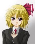  bad_id blonde_hair formal hair_ribbon highres necktie pant_suit red_eyes ribbon rumia short_hair solo suit sumizome-hana the_embodiment_of_scarlet_devil touhou youkai 