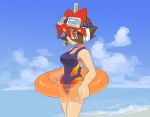  beach brown_hair competition_swimsuit innertube one-piece_swimsuit red_eyes rockman rockman_zx shigehiro_(artist) short_hair swimsuit 