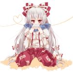  bad_id barefoot eating food fujiwara_no_mokou hair_ribbon nikuman red_eyes ribbon scarf sitting solo touhou yukiusagi_(paretto) 