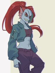 1girl 2024 2d abs alternate_costume angry anthro arms_at_sides artist_name bad_id bad_twitter_id black_eyepatch black_pants blue_skin clenched_teeth clothing colored_sclera cowboy_shot digital_media ear_fins eyepatch female female_only fins fish fish_girl green_jacket half-closed_eye head_fins high_ponytail inactive_account jacket long_hair mekyo midriff monster monster_girl pants ponytail red_hair sharp_teeth simple_background slit_pupils solo teeth twitter_username two-tone_background undertale undyne utdr_(toby_fox) white_background yellow_sclera yellow_teeth