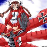  airplane arrow bow_(weapon) brown_hair crossbow double_bun fokker_dr.i green_eyes hair_bun iron_cross lowres mecha_musume military oekaki propeller skirt triplane weapon world_war_i wwi yonezuka_ryou 