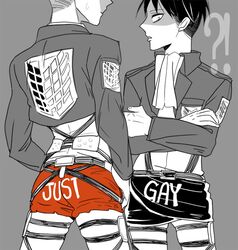  !? 2boys bccccc belt boxers clothes_writing english jean_kirchstein levi_(shingeki_no_kyojin) multiple_boys no_pants pun shaded_face shingeki_no_kyojin sweatdrop thigh_strap underwear 