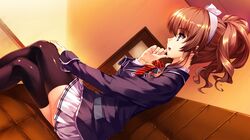  brown_hair game_cg hanamiya_nagisa kuroya_shinobu ponytail seifuku sunset thigh-highs thighhighs ushinawareta_mirai_wo_motomete 