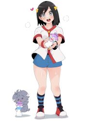  1boy :d black_hair blue_shorts bottle bracelet buttons calem_(pokemon) commentary_request cosplay espurr grey_eyes hair_ornament hairclip heart highres holding holding_bottle jacket jewelry knees male_focus milk_bottle moomoo_milk open_mouth pokemon pokemon_(creature) pokemon_hgss pokemon_xy sana_(37pisana) shoes short_hair short_sleeves shorts smile socks standing striped_clothes striped_socks teeth tongue upper_teeth_only white_background white_jacket whitney_(pokemon) whitney_(pokemon)_(cosplay) 