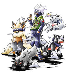  1boy absurdres blue_headband blue_pants bright_pupils colored_sclera commentary dog dwalkn english_commentary fangs freckles greavard green_vest grey_hair hand_in_pocket hatake_kakashi headband highres houndour konohagakure_symbol male_focus mask mouth_mask naruto_(series) pants poke_ball_symbol pokemon pokemon_(creature) poochyena red_eyes short_hair simple_background skin_fangs snout spiky_hair stoutland sugimori_ken_(style) tongue tongue_out vest white_background white_pupils yellow_sclera 