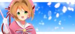  1girl :d antenna_hair bangs bow brown_hair capelet cardcaptor_sakura choco_(chocovix112) commentary_request eyebrows_visible_through_hair gloves green_eyes hair_between_eyes hair_intakes hand_up hat highres holding kinomoto_sakura parted_bangs petals pink_capelet pink_headwear short_hair smile solo striped striped_bow upper_body white_gloves 