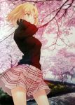  ahoge blonde_hair cherry_blossoms copyright_request green_eyes highres pullover skirt solo takeuchi_takashi tree 