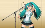  \m/ alternate_costume aoyama_sunao aqua_eyes aqua_hair blush breasts detached_sleeves hair_ribbon hatsune_miku headphones highres impossible_clothes impossible_clothing impossible_shirt long_hair microphone microphone_stand navel pointing ribbon shirt singing skirt smile solo thigh-highs thighhighs twintails vocaloid wink 