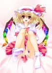  aoi_hiro blonde_hair feet flandre_scarlet ponytail red_eyes short_hair side_ponytail solo the_embodiment_of_scarlet_devil touhou wings 