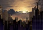 building city cityscape copyright_request harupaca highres mountain no_humans scenery sun sunset 