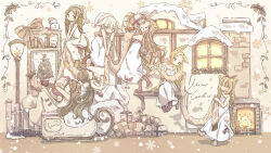  6+girls absurdres animal_ears blonde_hair bookshelf braid brown_hair cat_ears cat_girl chipie_0114 christmas christmas_tree dress fake_antlers gift highres holding holding_gift holding_scarf holding_unworn_clothes lantern long_dress long_hair multiple_girls original scarf sitting sleigh snow standing strapless strapless_dress stuffed_animal stuffed_toy teddy_bear white_dress wide_shot window winter 