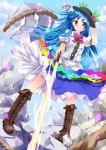  blue_hair boots cross-laced_footwear food from_below fruit hand_on_hat hat highres hinanawi_tenshi keystone lace-up_boots long_hair nironiro peach purple_eyes red_eyes solo stone sword sword_of_hisou touhou weapon wind_lift 