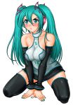  alternate_costume aoyama_sunao aqua_eyes aqua_hair blush breasts cleavage detached_sleeves hair_ribbon hatsune_miku headphones kneeling pout ribbon simple_background skirt solo thigh-highs thighhighs twintails vocaloid 