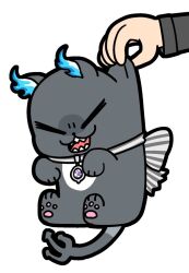  1other :3 animal bkub bow cat gem grim_(twisted_wonderland) holding holding_animal holding_cat horizontal-striped_bow long_sleeves open_mouth pawpads purple_gemstone sharp_teeth simple_background striped_bow teeth tuxedo_cat twisted_wonderland white_background 