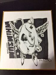  2018 2d antennae artist_name bug character_name copyright_name creature crying english_text full_body highres insect_wings monochrome monster no_humans photo_(medium) sido_(slipknot) simple_background tears text traditional_media undertale whimsun white_background wings 