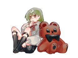 1boy black_shorts black_socks collared_shirt giovanni_(project_moon) green_hair highres kneehighs knees_up legwear_garter lobotomy_corporation long_sleeves male_focus neckerchief no_shoes ouji_fashion project_moon puffy_long_sleeves puffy_sleeves red_neckerchief shirt short_hair shorts simple_background sitting sleeve_cuffs socks solo stuffed_animal stuffed_toy teddy_bear toeiki_c white_background white_shirt 