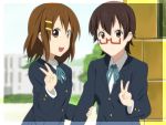  brown_eyes brown_hair glasses half_rim_glasses hirasawa_yui ikari_manatsu k-on! manabe_nodoka multiple_girls red-framed_glasses school_uniform semi-rimless_glasses short_hair under-rim_glasses v 