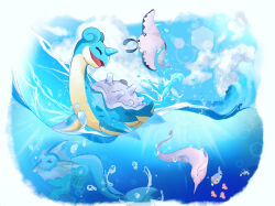  animal_focus blue_sky chinchou closed_eyes closed_mouth clouds commentary_request day do2243 gorebyss lanturn lapras lens_flare luvdisc mantine no_humans open_mouth outdoors pokemon pokemon_(creature) sky smile splashing underwater vaporeon water 